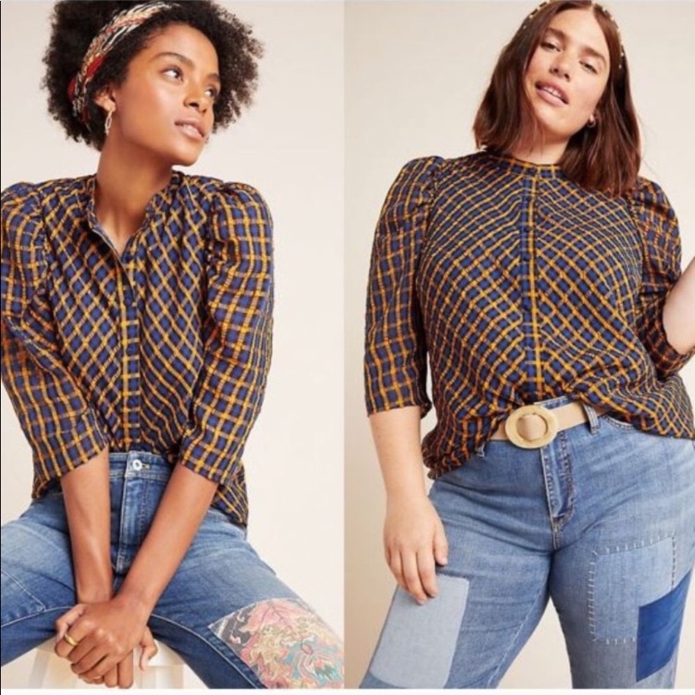 Anthropologie Eva Franco Balloon Sleeve Plaid Top